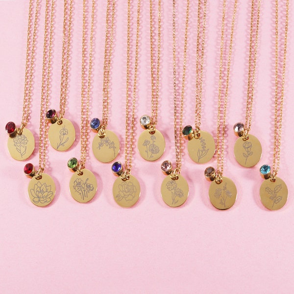 12pcs Gold Birthflower Necklace, Birth Month Flower Pendant, Birthday Gift, Steel Birthstone Necklace, New Mom Personalized Gift