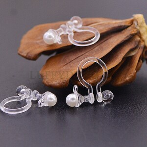 20pcs Invisible clip on earring converter, Resin earring clip with pearl, Non pierced dangle earrings clip findings, Earring Supplies image 2