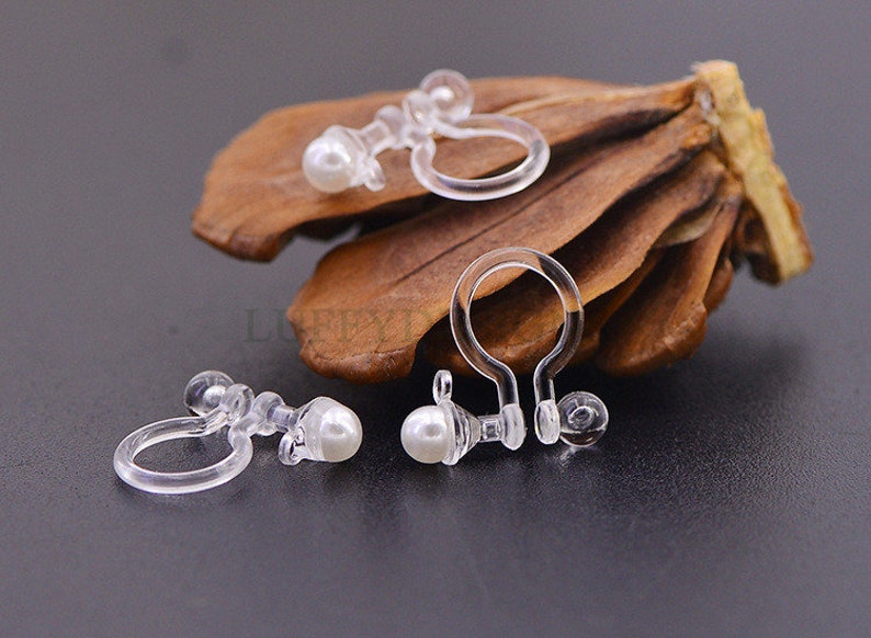 20pcs Invisible clip on earring converter, Resin earring clip with pearl, Non pierced dangle earrings clip findings, Earring Supplies image 2