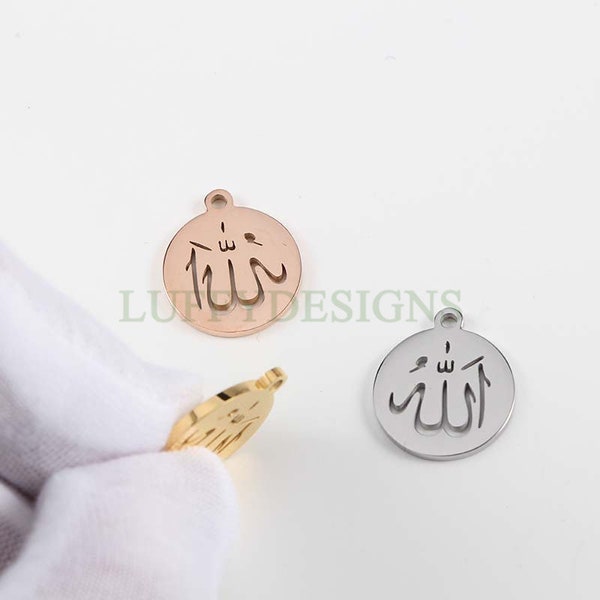 10pcs Islamic ALLAH الله and Mohammed محمد PBUH, Gold Islamic Charm Pendant, Religion Charm, Mirror Polished Staninless Steel Findings