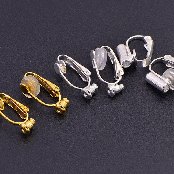 Boucles d’oreilles non perçantes 10pcs, agrafe d’oreille avec écrous attachés d’oreille, convertisseur d’oreille, laiton plaqué or/rhodium/argent, ajustement confortable