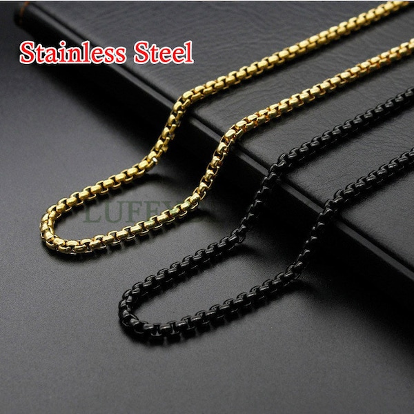 5pcs Finished Round Box Chains, Square Rolo Chain Necklace, 18k Gold /Black plated 316L Stainless Steel, Men's Chains, Men's Necklace