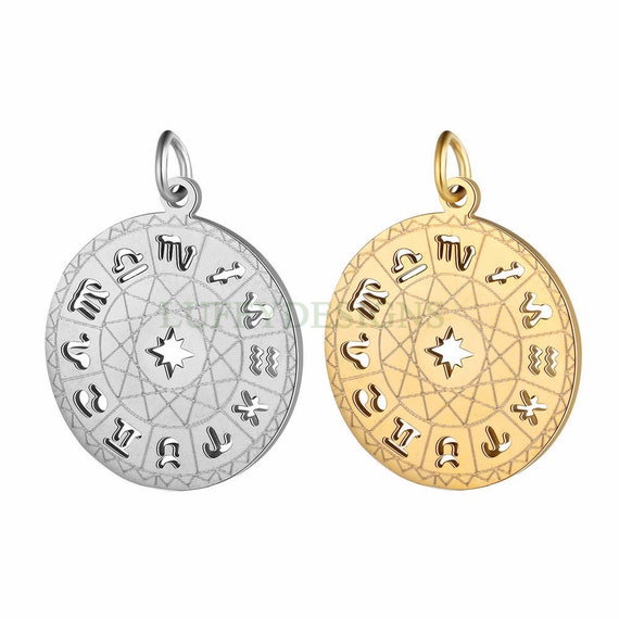 10pcs Round Zodiac Symbol Constellation Charm, Gold Zodiac Compass Charm, Hollow Zodiac Pendant, 18K Gold plated Stainless Steel Findings