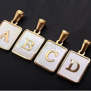 Rectangle Letter Charm, Alphabet Charm, Shell Letter Pendant, 26 Letters Initial Charms, Gold Plated Stainless Steel, Mother of Pearl Letter