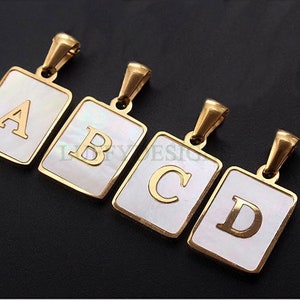 Dije de letra rectangular, dije de alfabeto, colgante de letra de concha, dijes iniciales de 26 letras, acero inoxidable chapado en oro, letra de nácar