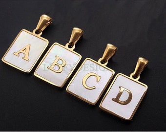 Rectangle Letter Charm, Alphabet Charm, Shell Letter Pendant, 26 Letters Initial Charms, Gold Plated Stainless Steel, Mother of Pearl Letter