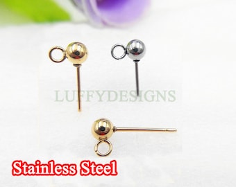 10pcs Ball Post Earring, Ball Stud Earring With Loop, 316L Stainless Steel Post, 18K Gold Plated, Earring Findings, 3mm /4mm /5mm /6mm /8mm