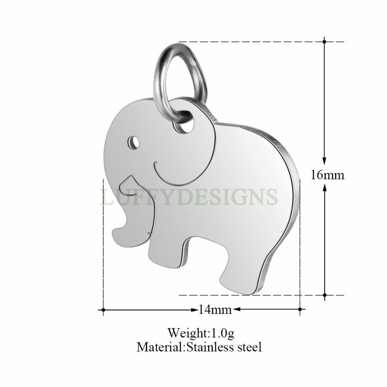 May include: A silver elephant charm with a loop for attaching to a necklace or bracelet. The charm is 1.4 inches wide and 1.6 inches tall. It weighs 1.0 grams and is made of stainless steel.