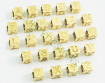 Cube Letter Charms 7mm, Uppercase Alphabet Charm, Gold Letter Charm, 26 Letters Initial Beads, Square Name Beads,Gold Plated Stainless Steel