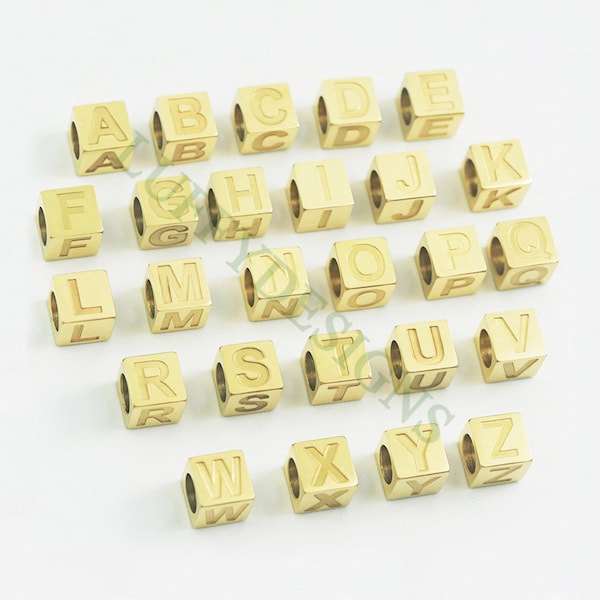 Würfel Buchstaben Charms 7mm, Großbuchstaben Alphabet Charm, Gold Buchstaben Charm, 26 Buchstaben Initial Perlen, QuadratIsche Namen Perlen, Vergoldet Edelstahl