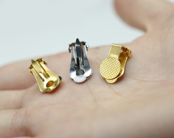 20pcs Non Pierced Clip on Earring Component with 9mm Flat Pad, Ear Clip, Glue on Pad Blank, Earwire Converter, Gold plated Stainless Steel
