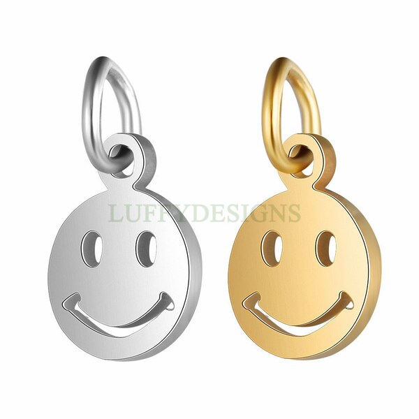 10pcs Smile Face Charm, Gold Smile Charm Pendentif, Smile Round Disc, Happy Face Pendentif, Smiley Symbol, Acier inoxydable plaqué or 18K, 7mm