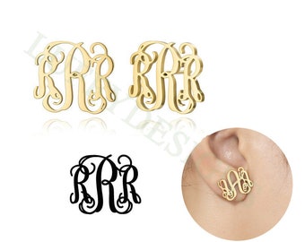 Gold Monogram Stud Earrings, Dainty Monogram Earrings in Steel, Personalized Initial Earrings, Custom Name Jewelry, BridesMaids Gift for Her