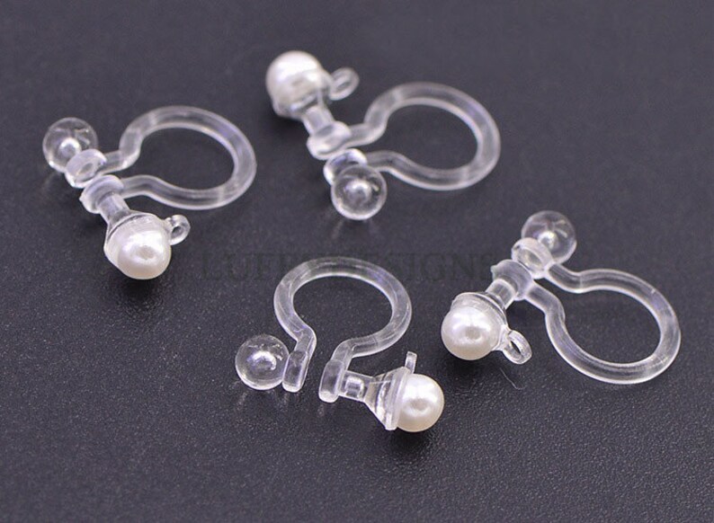 20pcs Invisible clip on earring converter, Resin earring clip with pearl, Non pierced dangle earrings clip findings, Earring Supplies image 5