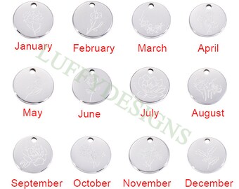 10pcs Birth Flower Charms 12mm/15mm, Birth Month Flower Pendant, Birthday Gift, Steel Floral Flower Tag Charm, New Mom Personalized Gift