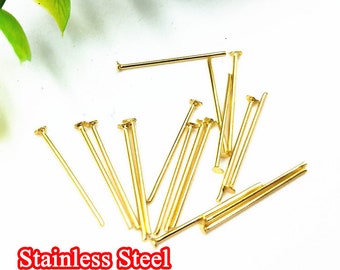 100pcs 16-50mm Stainless Steel "T" Pin Stick, T-pins, Head pins, Gold Charms Handmade Supplies Wholesale,18K Gold plated 304 Stainless Steel