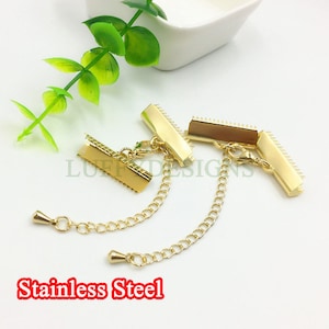 10 Pcs Ribbon Crimp Ends With Extended Chain And Lobster Clasp, 18K Gold plated 304 Stainless Steel, Fasteners Clasp, Gold Ribbon Clasp