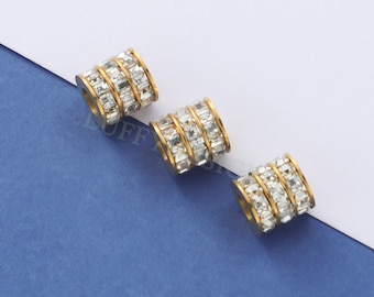 10 cuentas redondas de 3 filas con micropavé de circonita cúbica, espaciador para joyería, colgante de cuentas de circonita cúbica, acero inoxidable chapado en oro, dijes de cuentas de circonita cúbica