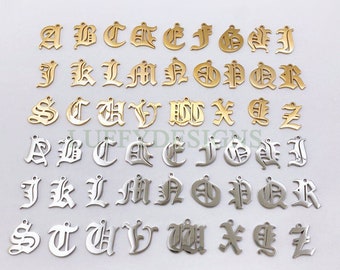 Gothic Letter Charm, Alphabet Charm, Gold Letter Charm, 26 Letters Initial Charms, Gold Plated Stainless Steel, Old English Letter Pendant