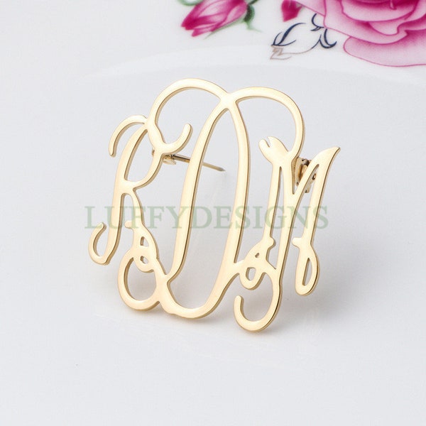 Gold Monogram Brooch, 3 Initials Monogram Brooch, Personalized Name Pin in Steel, Custom Name Brooch, Rose Gold Monogram Pin, 1-2 inches