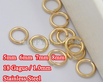 100pcs 1.0mm /18 Gauge, 18K Gold plated 304 Stainless Steel, 5mm /6mm /7mm /8mm Open Jump Rings, Link Connector, Split gold jump rings