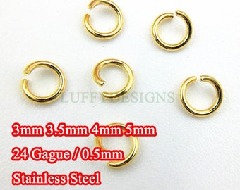 100pcs 0.5mm /24 Gauge, 18K Gold plated 304 Stainless Steel, 3mm /3.5mm /4mm /5mm Open Jump Rings, Link Connector, Split gold jump rings