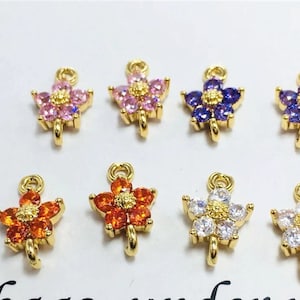 10pcs Faceted Crystal Rhinestone Charm, Tiny CZ Flower Charm, Gold Rhinestone Pendant, Birthstone Charm, Zircon Link Connector, 8mm