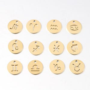 5pcs Round Zodiac Symbol Constellation Charm, Gold plated Stainless Steel, Gold Zodiac Pendant, Constellation Pendant, Mirror Polished,15mm