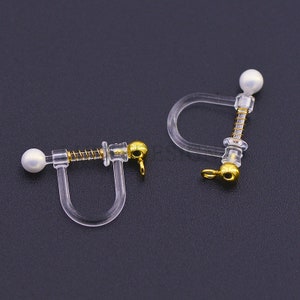 20pcs Invisible clip on earring converter, Resin earring clip with pearl, Non pierced dangle earrings clip findings, Spring clip earring
