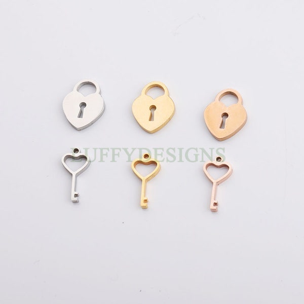 10pcs 3D Key and Lock Charms, Gold /Rose Gold plated Stainless Steel, Gold Key and Lock Pendant, Tiny Key and Lock Findings, Mirror Polished