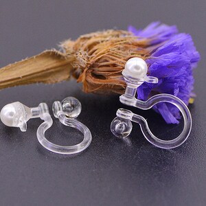 20pcs Invisible clip on earring converter, Resin earring clip with pearl, Non pierced dangle earrings clip findings, Earring Supplies image 1