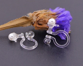 20pcs Invisible clip on earring converter, Resin earring clip with pearl, Non pierced dangle earrings clip findings, Earring Supplies