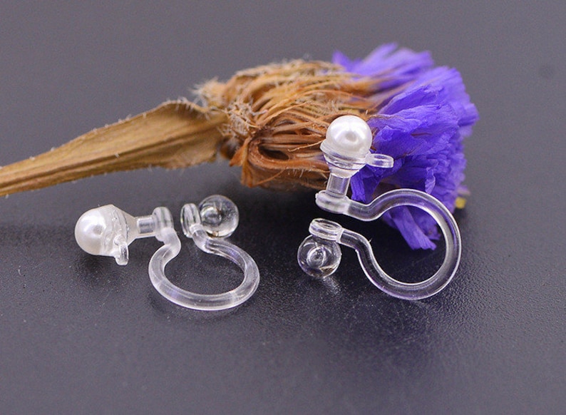 20pcs Invisible clip on earring converter, Resin earring clip with pearl, Non pierced dangle earrings clip findings, Earring Supplies image 1