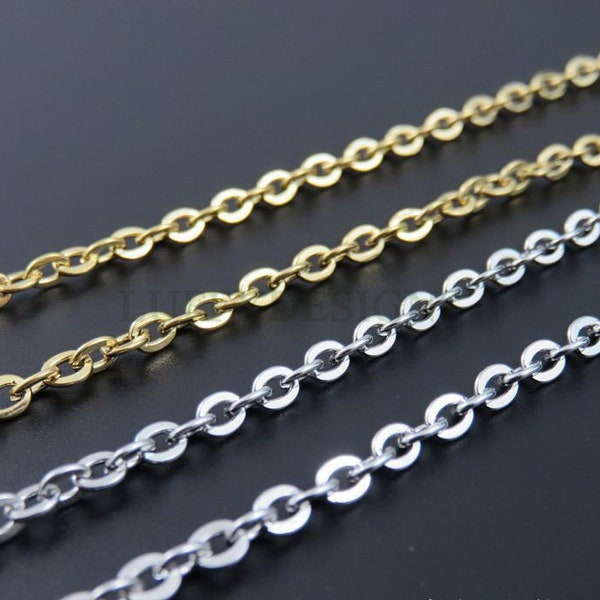 33Ft /10 Meters 316L Stainless Steel Chain, Flat oval Links -Gold chain, Rose Gold chain, Steel Color chain -1.1mm / 1.5mm / 2.0mm / 2.5mm