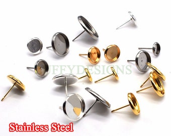 50pcs Earring Posts Studs, 316L Stainless Steel Ear Studs, Round Bezel Cabochon Base Setting, Earring Findings, Stud Supplies, 6-20mm