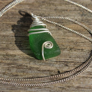 Green Sea Glass and Twisted Sterling Silver Wire Pendant
