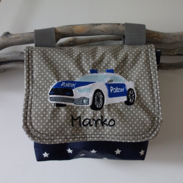 waterproof handlebar bag with flap police car with desired name navy gray