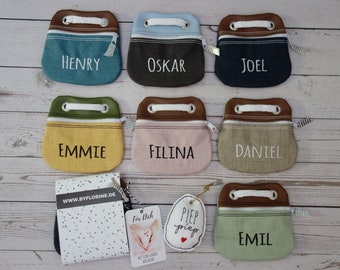 Chest pouch purse with desired name faux leather and coated linen