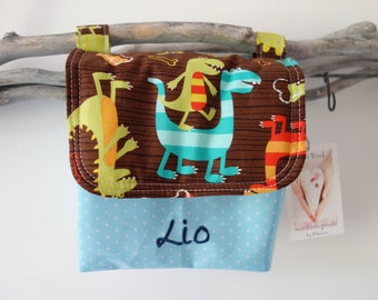 Handlebar bag with flap dinosaur with desired name light blue