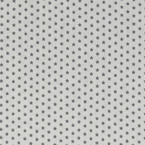 Può includere: Un tessuto con un motivo ripetuto di piccole stelle grigio scuro su sfondo grigio chiaro. Le stelle sono uniformemente distanziate e coprono l'intera superficie, creando un aspetto strutturato. Adatto per progetti di cucito.