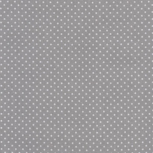 May include: A close-up of grey fabric featuring a repeating pattern of small, white polka dots. The dots are evenly spaced and consistent in size. The fabric has a slightly textured appearance. A simple and classic design.