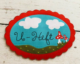 4 x patch woven label U-Heft examination booklet lucky mushroom toadstool hedgehog from Janeas World 7 x 9 cm oval