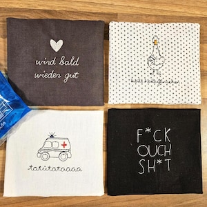 Beulentröster, borsa del ghiaccio con borsa refrigerante 13 x 14 cm, oca, ambulanza, pronta guarigione, F*CK OUCH SH*T, vari modelli