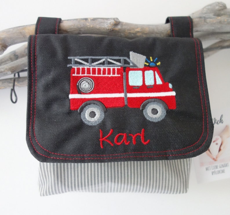 wasserfeste Lenkertasche mit Klappe Feuerwehr mit Wunschname schwarz grau Bild 1