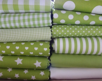 Cotton Fabric Light Green Dots Plaid Stars Stripes Hearts Uni