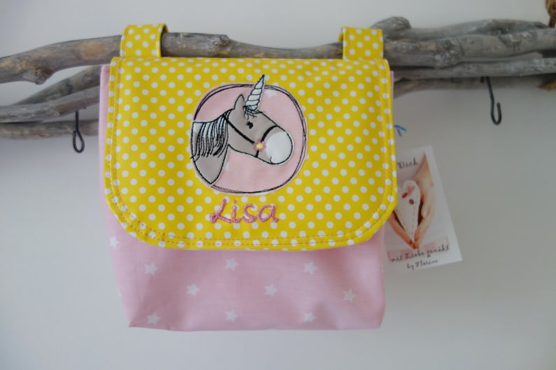 wasserfeste Lenkertasche Einhorn mit Wunschname, gelb rosa Bild 1