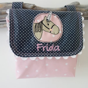 wasserfeste Lenkertasche mit Klappe Einhorn mit Wunschname rosa dunkelblau
