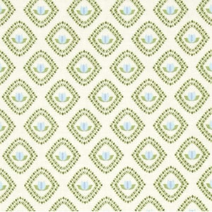 Könnte beinhalten: Ein nahtloses Muster mit einem sich wiederholenden Design aus blauen Blumen mit grünen Blättern in einem Diamanten auf cremefarbenem Hintergrund.