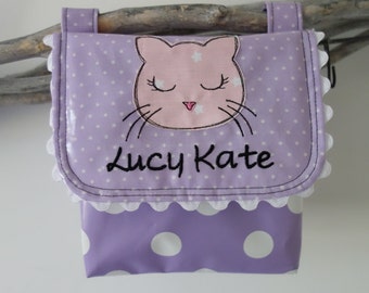 waterproof handlebar bag with flap cat with desired name in light lilac