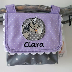 wasserfeste Lenkertasche Einhorn mit Wunschname lila grau